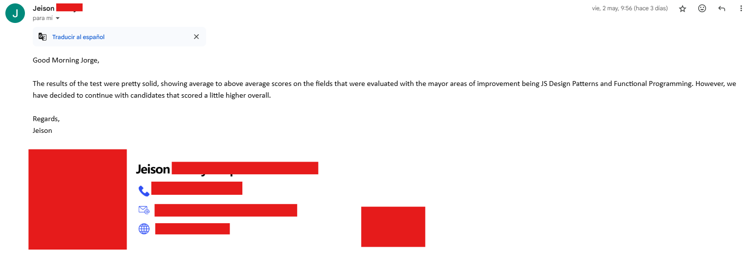 Feedback recibido acerca de mi rendimiento en la última entrevista técnica.