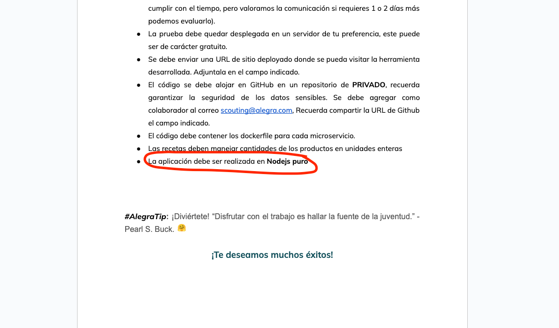 Captura de pantalla de la última resaltando dónde hay un requisito principal mal ubicado en la sección de "Consideraciones".